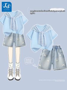 JS | Fashionable Girls T-shirt and Denim Shorts Set