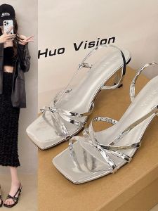 รองเท้าแตะส้นสูงแบบสวมเปิดหัวส้นสูงแบบสายเดี่ยวสไตล์นางฟ้าสำหรับฤดูร้อน รองเท้าส้นเดี่ยวแบบฝรั่งเศสแบบไขว้ รองเท้าส้นเดี่ยวสุดหรู