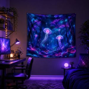 VIKAMA Sứa Blacklight Tấm Thảm Neon Đại Dương Ảo Giác Boho Thẩm Mỹ Treo Tường Cho Phòng Ngủ Ký Túc Xá Trang Trí Nhà Polyester