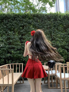 ความปรารถนาอันบริสุทธิ์ เซ็กซี่ แบ็คเลส สายคล้อง เดรส ผู้หญิง สลิมฟิต สีแดง กระโปรง เอวเอ-ไลน์ มินิเดรส ฤดูร้อนสไตล์ใหม่