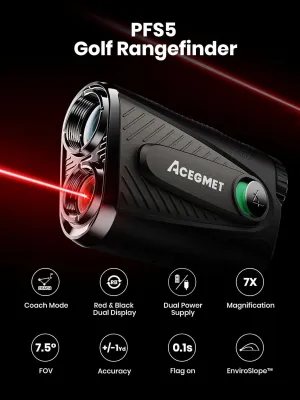 ACEGMET เครื่องวัดระยะกอล์ฟ PFS5 พร้อมโหมดโค้ชและสโลป ระยะ 1300 หลา ขยาย 7 เท่า จอแสดงผลคู่ ล็อกธง 0.1 วินาที ระบบสั่นสะเทือน แม่เหล็ก ชาร์จผ่านพอร์ตยูเอสบีซี