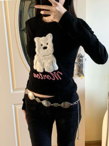 เสื้อยืดแขนยาวสั้นสุดน่ารักสำหรับผู้หญิงในฤดูใบไม้ผลิและฤดูใบไม้ร่วง เสื้อชั้นในทรงสลิมฟิตกระชับสัดส่วน ลายสุนัขขนนุ่ม สไตล์หวานและเผ็ดร้อน