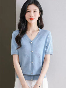 Áo Thun Tay Ngắn Ice Silk Tencel Dành Cho Nữ Áo Thun Tay Lửng Thời Trang Mùa Hè 2025 Áo Thun Cổ Chữ V Màu Trơn Thường Ngày