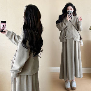 Maternity Red Festive Suit Fashionable Wear Buckle New Chinese Corduroy Skirt Two-piece Set Autumn and Winter