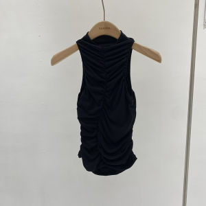 เสื้อกั๊กสั้นคอวีแขนกุดทรงเข้ารูปสไตล์เกาหลีสำหรับผู้หญิงในช่วงฤดูร้อนปี 2024 เสื้อกั๊กทรงเข้ารูปแบบใหม่พร้อมแผ่นเสริมหน้าอก