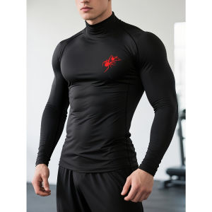 Mens Spider Print Quick-drying Tight Long-sleeved T-shirt Fitness Training Stretch Top Spring and Autumn High-neck T-shirt