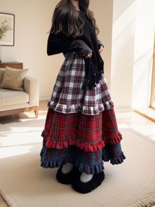 Sweet Elegant Plaid Ruffle Hem Color Block High Waist Loose A-Line Midi Skirt for plus Size Women Autumn Winter New Arrival