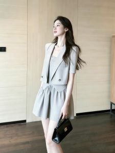 QFN | Summer Elegant High-end Striped Suit Dress Short and Strap Dress Set