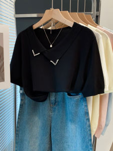 JIANDIYA | Crisscross Neck Beaded Loose Knit Top Short Sleeve