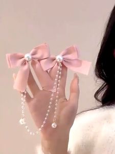Bow Hair Clip Fashion Temperament Chain Tassel Pearl Bow Hair Clip Hair Accessories for Kids Girls Childrens Red New Year Bow Hair Clip Baby Princess Fringe Girl Hair Accessories Pearl Hair Clip for Girls