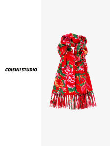 Red Tassel Scarf Womens Autumn Winter Warm Versatile Ethnic Style Fashionable Flower Patterned Neck Warmer for Students And Couples