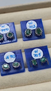 [ Woosilver ] Hoa Tai Thời Trang Đính Đá Xanh Oval - Secondhand
