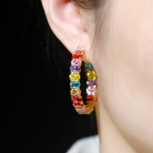 SEQUITO Exquisite Girly Yellow Gold Color Full Pave Setting Rainbow Oval Shape AAAAA Cubic Zirconia Banquet Party Fashion Big Hoop Earrings Lady Ear Decoration SE805