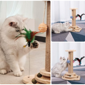 4 in1 Cat Grab Pillar Solid Wood Cat Scratching Post Natural Sisal Scratcher Interactive Track Toy Scratching Pad