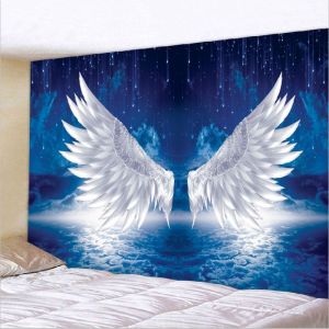 VIKAMA Starry Sky Angel Wings Tapestry Wall Art for Bedroom Living Room Decoration Blue Cloud Sea Starry Sky White Wings Warm