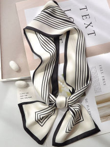 ผ้าพันคอไหมลายทางยาวสำหรับผู้หญิง ฤดูใบไม้ผลิและฤดูใบไม้ร่วง ผ้าพันคอขนาดเล็กตกแต่ง OL ระดับไฮเอนด์ ปกคอ ผ้าพันคอแบบยาว ผ้าไหมเทียม