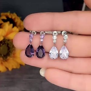 Huitan Gorgeous AAA Cubic Zirconia Water Drop Charm Women Drop Earring Wedding Band Jewelry White/Purple High Quality Earrings