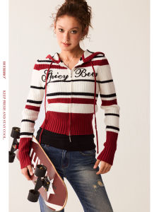 Vintage Waist Slimming Striped Colorblock Short Hooded Sweater Jacket