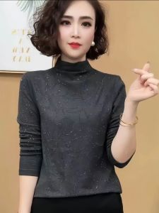 Fashionable Stylish Ladies Long Sleeve Half High Collar Base Shirt Slimming Personality Spring Autumn New Arrival Commute Style Loose Fit T-shirt