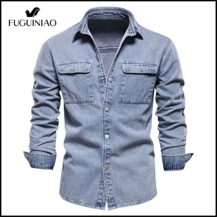 FUGUINIAO 100% Denim Shirts Men Casual Solid Color Thick Long