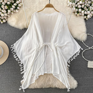 Wide Loose Fashion Lace Front Open Shirt Casual Sea Side Vacation Tassel Air Conditioning Pashmina