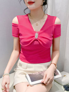Áo Thun Hở Vai Cổ Chữ V Gợi Cảm Cho Nữ Mùa Hè Tay Ngắn Dáng Ôm Lưới Nửa Tay Áo Sơ Mi Thời Trang Trẻ Trung Thắt Nút Bướm