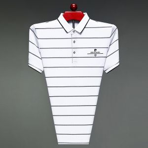 Pierre Cardin Mens High-End Short-Sleeve Silk Polo Shirt Breathable Summer Thin Stripe T-Shirt Business Casual Style