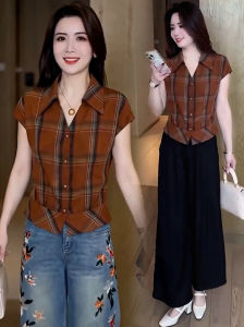 YOUFAN | Polo Collar Slim Waist Plaid Shirt Thin Short Style