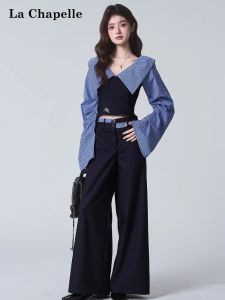 La Chapelle | Off-Shoulder Striped Shirt and Wide Leg Pants Set