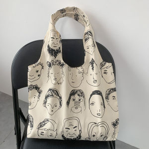 กระเป๋าถือผ้าใบ Art Tote Bag ความจุขนาดใหญ่ กระเป๋าสะพายไหล่แบบเดี่ยวสำหรับผู้หญิง กระเป๋าถือผ้าใบลายการ์ตูนสำหรับฤดูร้อน