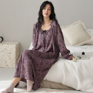 MiiOW | ชุดนอนผู้หญิงผ้าฝ้ายแท้ ชุดอยู่บ้านฤดูใบไม้ผลิและฤดูใบไม้ร่วง ชุดนอนแบบยาว ชุดกันแบคทีเรีย ชุดเดรสสำหรับใส่ไปกลางแจ้ง