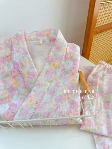 ชุดนอนผ้าฝ้ายแท้สไตล์ญี่ปุ่น ชุดกันหนาวผ้าฝ้ายสองชั้น สายรัด ชุดนอนผู้หญิง ชุดนอนฤดูใบไม้ร่วง/ฤดูร้อน ชุดนอนผ้าฝ้ายแท้ ชุดนอนผ้าฝ้าย