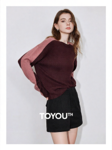 Toyouth | Vintage Plum Red Color Block Womens Knit Sweater