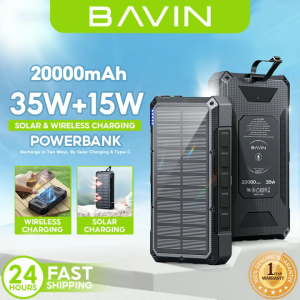 BAVIN PC1197 20000mAh Solar Powerbank w/ 35W Type-C Fast Charging & 15W Wireless Charging w/ LED Flashlight & 3 Outputs