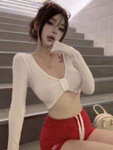 GUZILIAN | Slimming American Hot Girl Short T-Shirt Womens V-neck Long Sleeve Belly Baring Top Design Sensation Base Shirt Autumn
