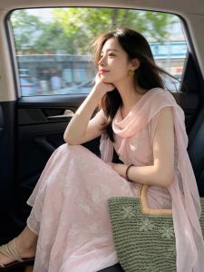 PAIBOLI | French Style Sweet Pink Lace Sleeveless Slim Fit Dress