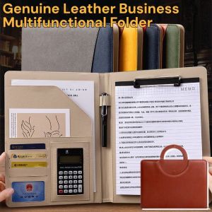 Genuine Leather Business Multifunctional Folder Portfolio Folder With Calculator A4 Portfolio Binder Document Organizer