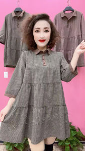 Spring Korean Style Plaid Mini Dress Womens Eight-Sleeve Color Block Collar Loose Belly Covering Anti-Aging Casual Base Dress