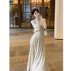 Orange Studio High Waist Long Sleeve Splice Slimming Top And Skirt Set Womens Autumn Fashion plus Size Straight Cut Outfit