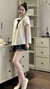 MK_Set kiểu bánh bèo dự tiệc set váy tiểu thư Hàn đồ công sở áo cổ peter pan nơ đen chấm bi đính nơ tay cách điệu mix chân váy Lưới ngắn