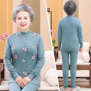 Warm Cotton Underwear Set High Collar Pure Cotton Grandmother Autumn Clothes Thickened Long Pants Floral Patterned Commute Style