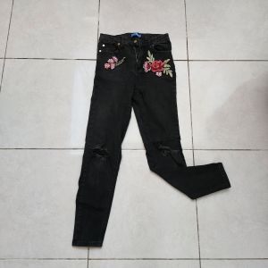 celana panjang wanita hitam denim jeans V9 cewek S ripped lutut santai