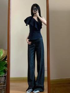 กางเกงยีนส์ทรงหลวมเอวสูง ทรงขาบาน ทรงหลวม ทรงหลวม กางเกงยีนส์ผู้หญิงสีน้ำเงินเข้มทรงยาวคลุมเข่า ทรงหลวม ทรงหลวม