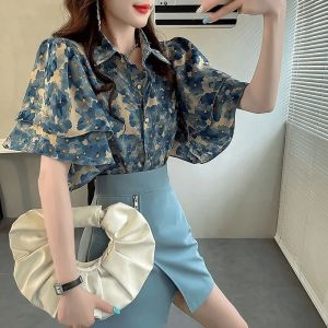 Áo Sơ Mi Hoa Tay Ngắn Rộng Rãi Màu Xanh Lam Cho Nữ Mùa Hè 2024 Áo Sơ Mi Cổ Polo Thường Ngày Bằng Vải Polyester Và Cotton