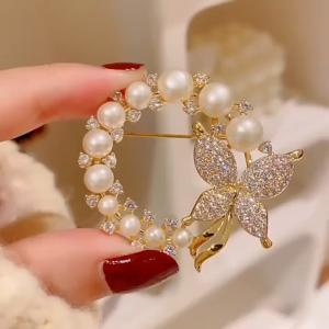 Bros Pin Hijab Wanita Butterfly Pearl Warna Gold Dan Silver Bros Stylish Model  Glossy  Bentuk Kupu Kupu Lingkaran Dan Aksesoris Wanita Pakaian Casual Hingga Formal