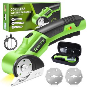 Cordless Electric Scissors Box Cutter with 2 Rotary Blades –Rechargeable Cardboard Cutter Storage Box & Fabric Scissor With Safety Lock USB Cable – For Plastic Carpet Leather DIY Crafts