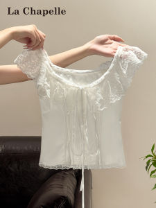 La Chapelle | Unique Beautiful Fitted Lace Trimmed Square Neck Short Sleeve T-Shirt Summer Lightweight