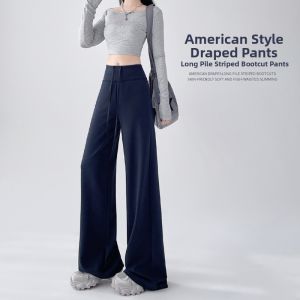 Dark Blue Slim-fit Yoga Pants Wide Leg High Waist Womens Fall Trendy