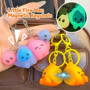 Cute Little Fire Man Magnet Keychain Luminous Keyring Ornament Key Decoration Accessories Childrens Toy Gift Couples Keychains Pendant Elf Flame Keyring