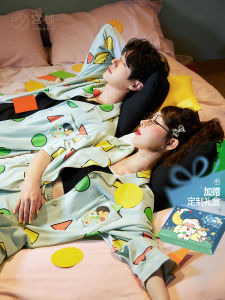 ชุดนอนคู่รัก ผ้าฝ้าย นุ่ม เสื้อผ้าบ้านแขนยาวต้านเชื้อแบคทีเรียสวมใส่สบาย Pure ยืดได้ สแปนเด็กซ์ การ์ตูน พิมพ์ ชุดนอน